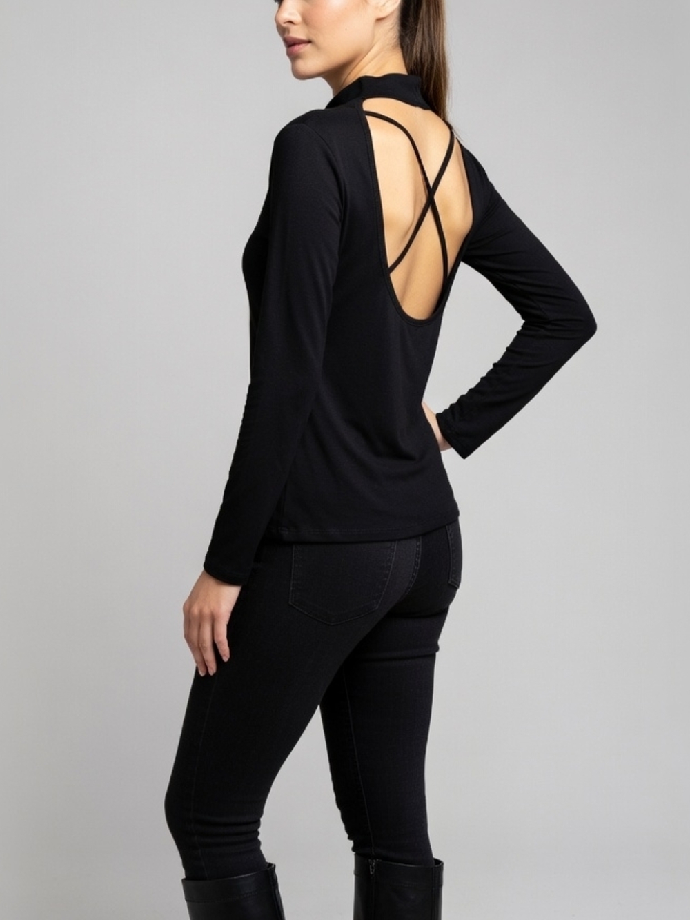 Open-Back Black Long Sleeve Tee with Crisscross Straps